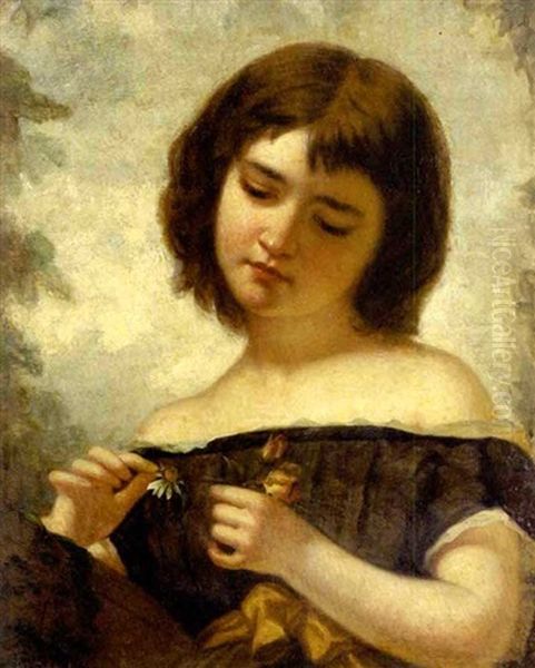 Portrait Of A Young Girl Plucking The Petals Of A Daisy Oil Painting by William-Adolphe Bouguereau