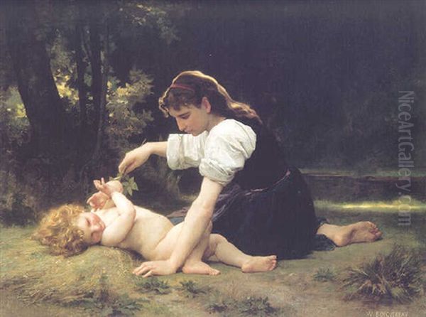 Evantail Naturel, Jeune Fille Et Enfant Oil Painting by William-Adolphe Bouguereau