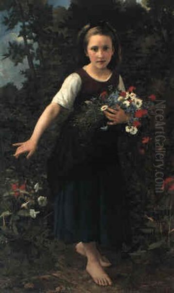 Petit Fille Au Bord Ruisseau Tenant Une Gerbe De Fleurs Oil Painting by William-Adolphe Bouguereau