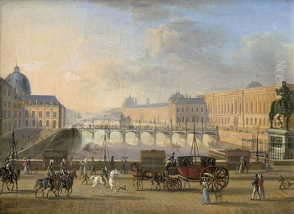 Paris: Blick Von Pont Neuf Auf Die Pont Des Arts, Rechts Und Links Die Fassaden Des Palais Du Louvre Und Des Institut De France Oil Painting by Etienne Bouhot