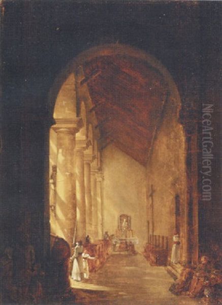 Figures In The Side Chapel Of A Church Oil Painting by Etienne Bouhot