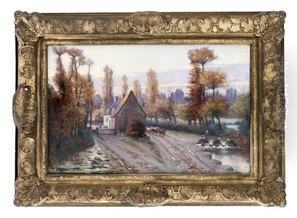 Gehoft Mit Kuherde Und Wascherinnen In Herbstlandschaft Oil Painting by Etienne Bouille