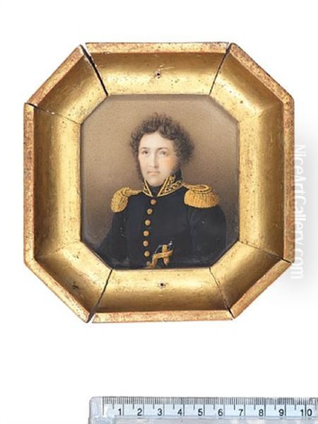 An Officer, Wearing Black Coat With Gold Buttons And Epaulettes, Standing Collar With Gold Embroidery, Black Stock Oil Painting by Angelique Bouillet