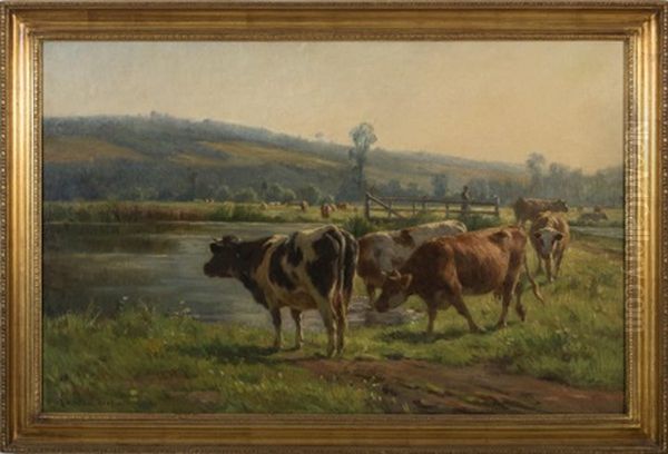 Pastoral Landscape With Cows At A Stream Oil Painting by Amable Bouillier