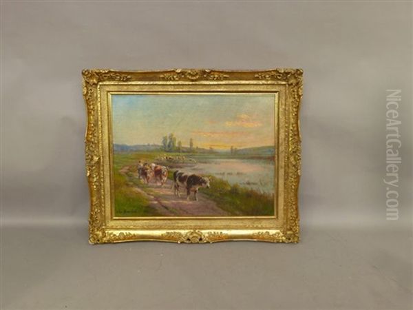 Vaches Sur Le Chemin Oil Painting by Amable Bouillier