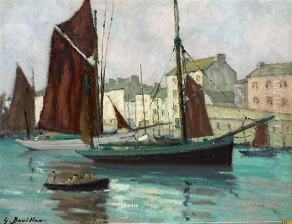 Fishing Boats In A Harbour Oil Painting by Georges Bouillon