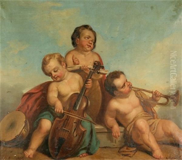 Trois Amours Musiciens Oil Painting by Emile Bouillot