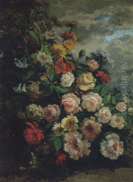 Composition Aux Roses Et Dahlias Sur Fond De Paysage Oil Painting by Louis Jean Baptiste Boulange