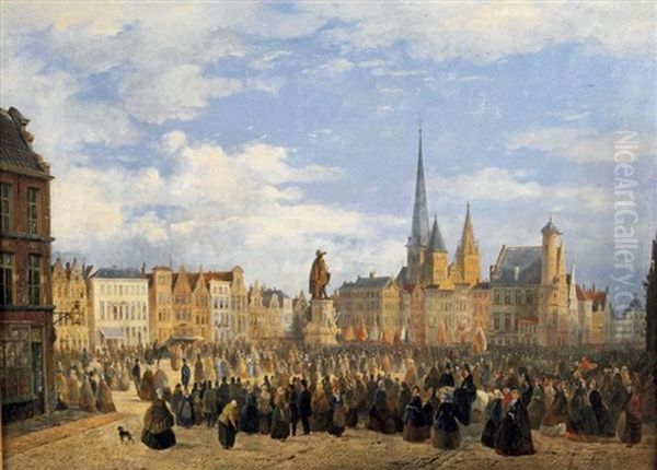 Vue De La Place Du Marche De Gant Avec La Statue De Jacob Van Artevelde Oil Painting by Francois Jean Louis Boulanger