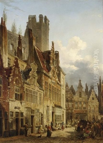 A Busy Market Scene In The Streets Of Ghent Oil Painting by Francois Jean Louis Boulanger