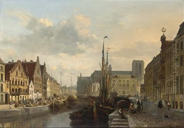 A View Of The Leie In Ghent, With Many Figures On A Quay Oil Painting by Francois Jean Louis Boulanger