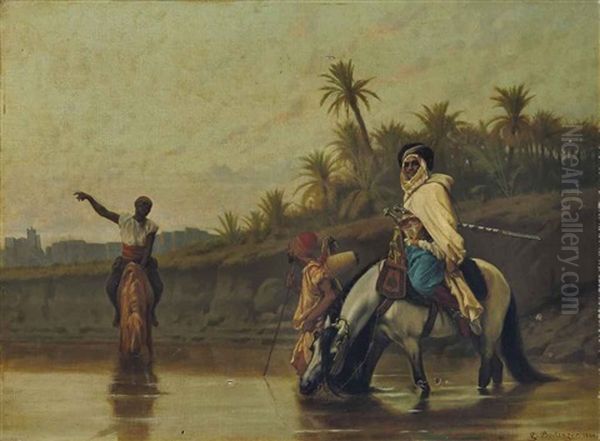 Arabs Watering Their Horses Oil Painting by Gustave Clarence Rodolphe Boulanger