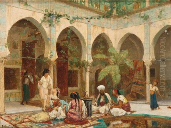 La Cour De Palais De Dar Khdaouedj El Amia, Alger (+ Preparatory Sketch, Lrgr; 2 Works) Oil Painting by Gustave Clarence Rodolphe Boulanger