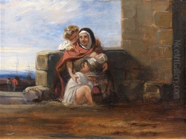 Mere Et Ses Enfants Au Bord De L'eau Oil Painting by Louis Boulanger