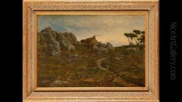 Moutons Sur La Lande A La Chaumiere Oil Painting by Auguste Boulard Jr.