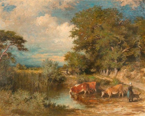 Cows At A Pond Oil Painting by Auguste Boulard Jr.