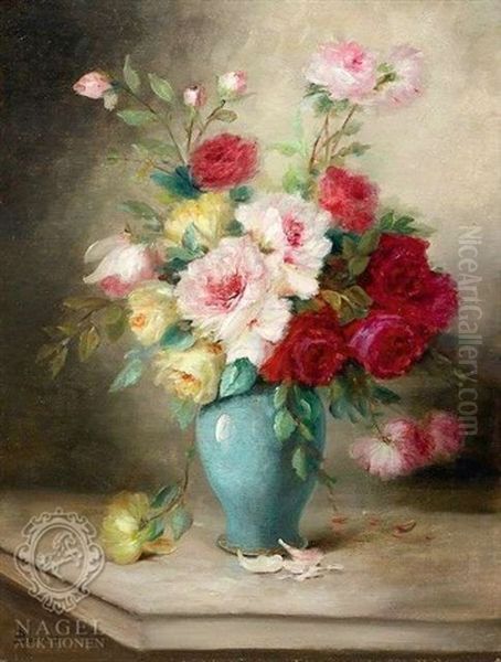 Stilleben Mit Bunten Rosen In Einer Blauen Vase Oil Painting by Auguste Boulard Jr.