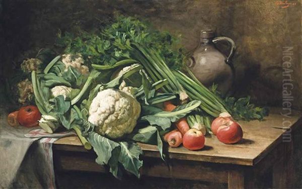 Cabbages, Carrots And Apples With A Jug On A Wooden Table Oil Painting by Paul Antoine de la Boulaye