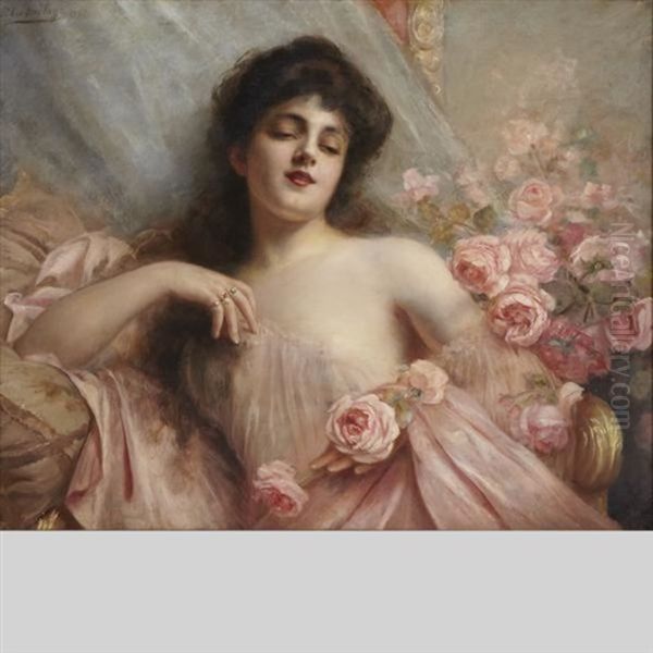 Belle Epoque Beauty Reclining On A Settee With Roses Oil Painting by Paul Antoine de la Boulaye