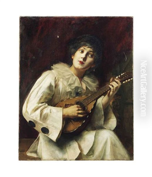 Pierette Playing The Lute Oil Painting by Paul Antoine de la Boulaye