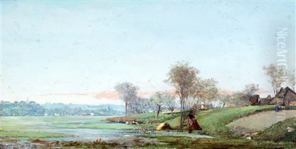 Landschap Met Visser Aan De Waterkant Oil Painting by Hippolyte Emmanuel Boulenger