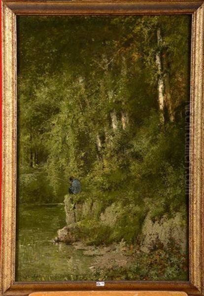 Pecheur Dans La Vallee De La Meuse Oil Painting by Hippolyte Emmanuel Boulenger