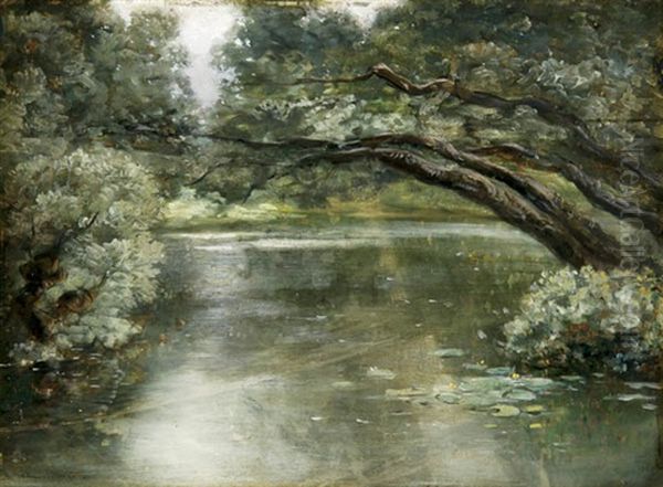 Lakeside Landscape With Lily Pads Oil Painting by Hippolyte Emmanuel Boulenger