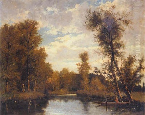 Fishing In A Wooded River Landscape Oil Painting by Hippolyte Emmanuel Boulenger