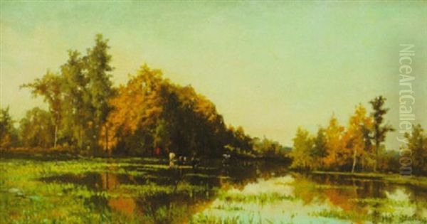 Stream Through The Lowlands, With Cows Watering And Herder Oil Painting by Hippolyte Emmanuel Boulenger