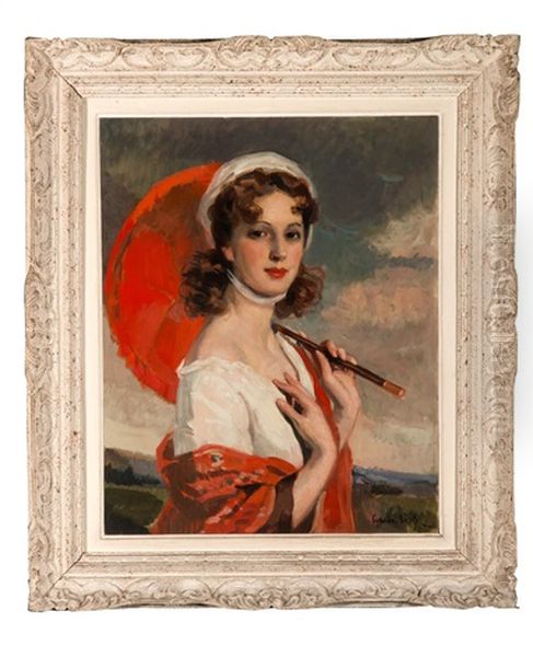 Portrait Of A Young Lady With Red Parasol Oil Painting by Cyprien Eugene Boulet