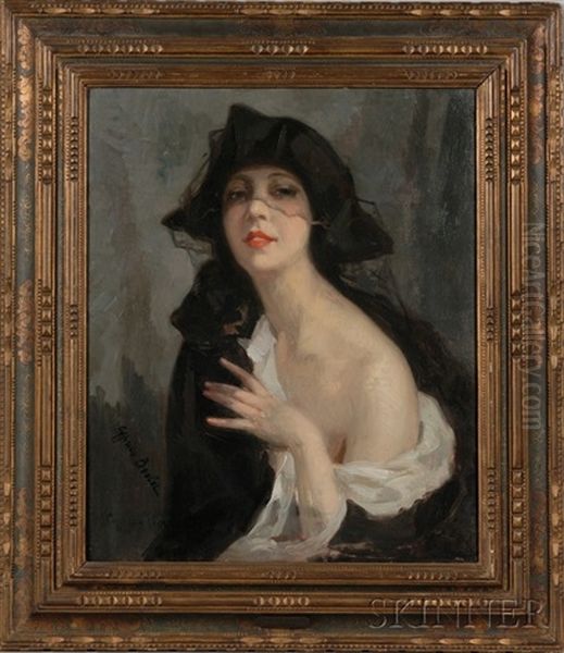 Woman With A Lace Veil Oil Painting by Cyprien Eugene Boulet