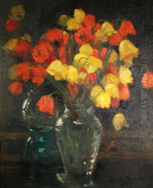 Tulips In A Clear Glass Vase Oil Painting by Cyprien Eugene Boulet