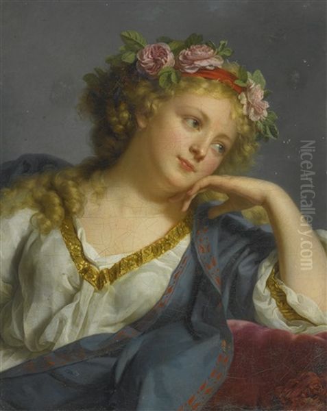 Portrait Of A Lady Wearing A Floral Wreath, Possibly As Flora Oil Painting by Marie-Genevieve Bouliard