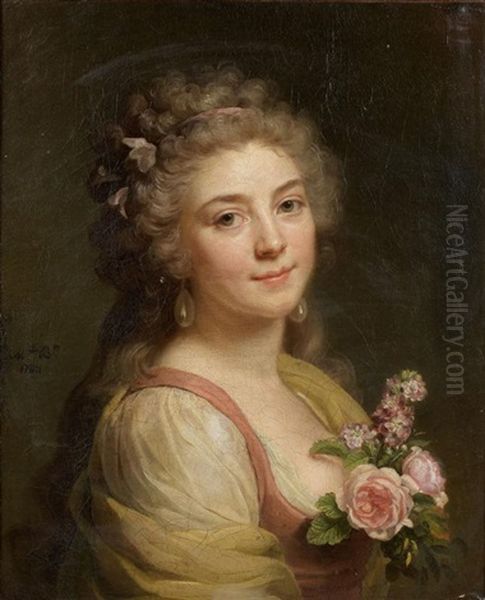 Portrait De Femme Au Corsage Fleuri, Dit Aussi Portrait Presume De Mademoiselle Belier Oil Painting by Marie-Genevieve Bouliard