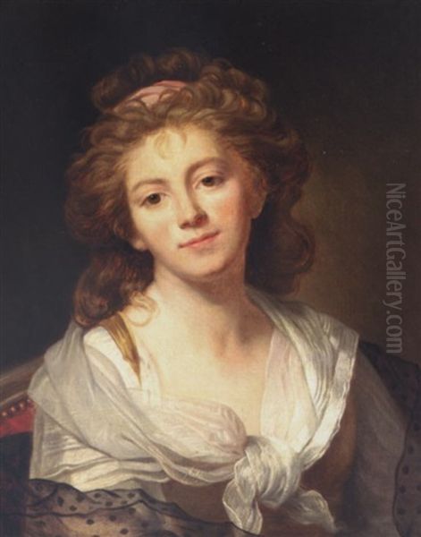 Self-portrait Wearing A Yellow Dress With A White Collar And A Pink Hair Ribbon Oil Painting by Marie-Genevieve Bouliard