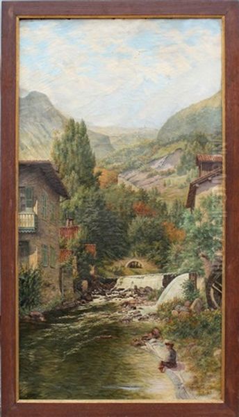 Pecheur Dans Un Paysage De Montagne Oil Painting by Abel Boulineau