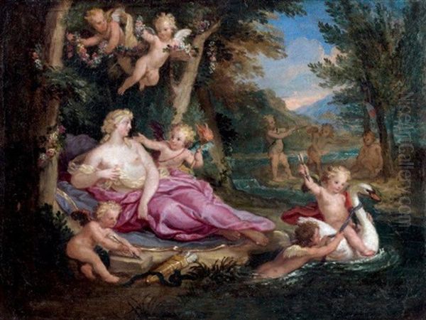 Venus, L'hymen Et Les Amours Jouant Avec Un Cygne Oil Painting by Louis de Boulogne the Younger