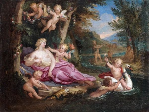 Venus, L'hymen Et Les Amours Jouant Avec Un Cygne Oil Painting by Louis de Boulogne the Younger