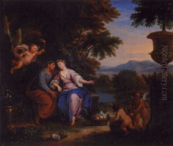 A Classical Landscape With An Amorous Couple In An Arbour With Attendant Putti Oil Painting by Louis de Boulogne the Younger