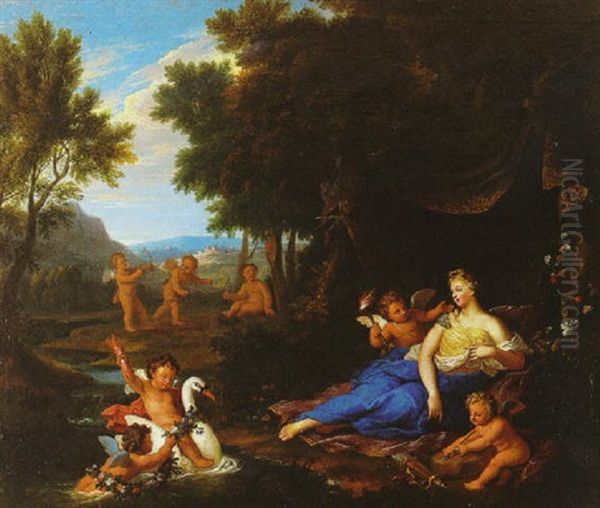 Reclining Venus With Attendant Putti In A Wooded Landscape Oil Painting by Louis de Boulogne the Younger