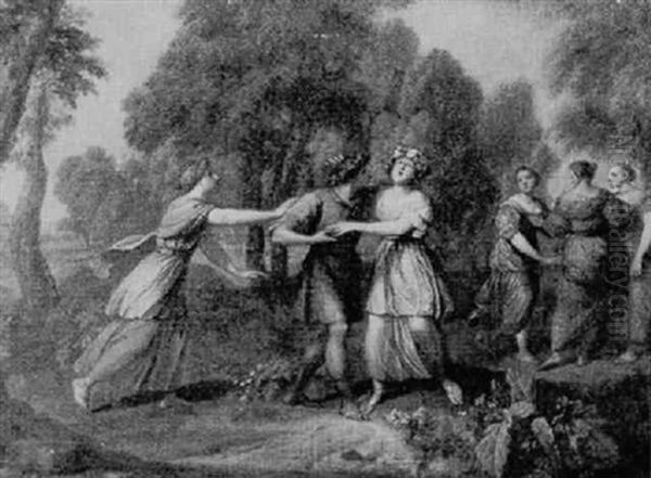 A Classical Youth And Maidens Playing Blind Man's Bluff In A Wooded Landscape Oil Painting by Louis de Boulogne the Younger