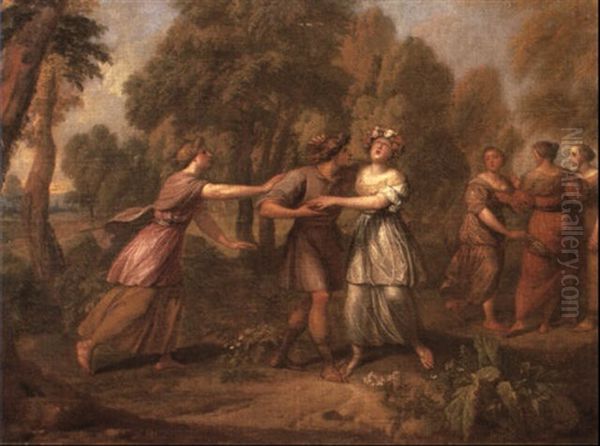 Classical Youth And Maidens Playing Blind Man's Buff In A Wooded Landscape Oil Painting by Louis de Boulogne the Younger