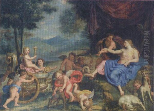 Venus Et Adonis Avec Cupidon Dans Un Char Tire Par Des Chiens Oil Painting by Bon De Boulogne