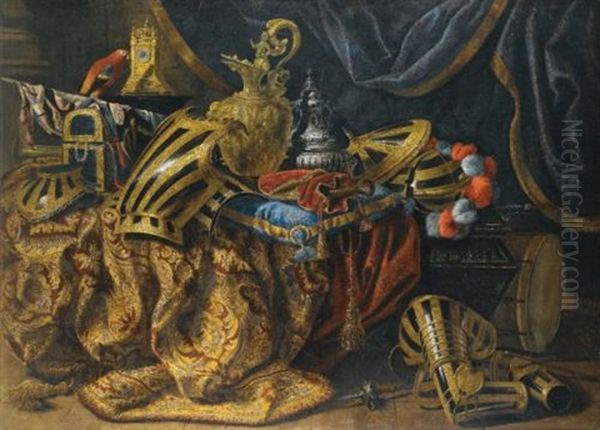 Pieces Of Parade Armour, A Plumed Helmet, A Pistol In A Case, A Gilt Ewer, A Silver Perfume Burner, A Jewellery Box, A Trumpet, And A Flag On A Cassone, With A Parrot, A Pillar Clock On A Pedestal And A Drum And Mace On The Floor Oil Painting by Madeleine Boulogne