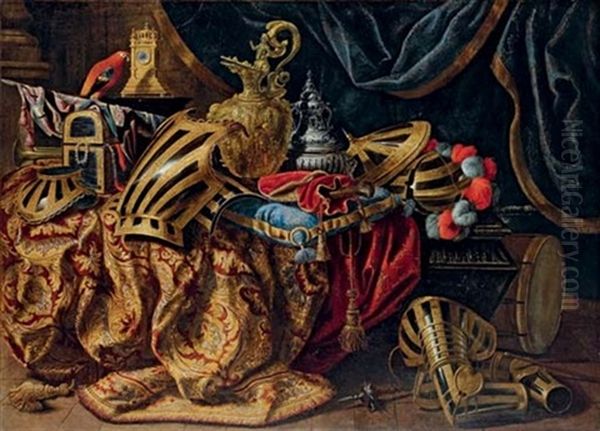 Pieces Of Parade Armour, A Plumed Helmet, A Pistol In A Case, A Gilt Ewer, A Silver Perfume Burner, A Jewellery Box, A Trumpet And A Flag On A Partly-draped Cassone Oil Painting by Madeleine Boulogne