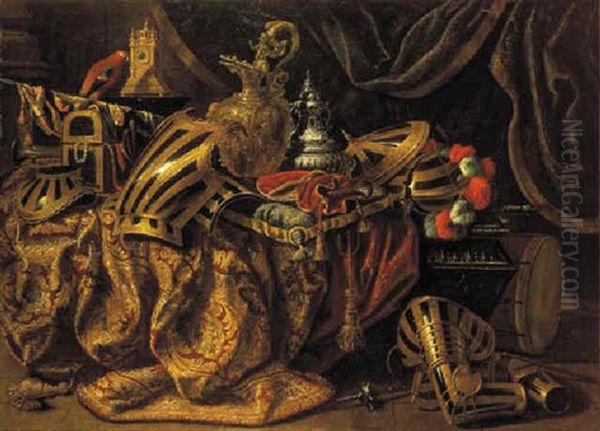 Pieces Of Parade Armour, A Plumed Helmet, A Pistol In A Case, A Gilt Ewer, A Jewelry Box And Perfume Bottle On A Draped Cassone, With Other Objects On A Stone Floor Oil Painting by Madeleine Boulogne