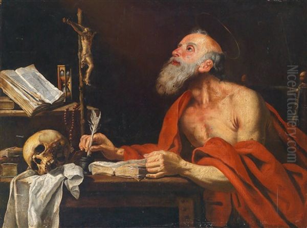 Der Heilige Hieronymus In Seinem Studierzimmer Oil Painting by Valentin De Boulogne