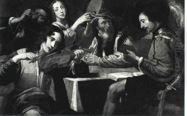 Concert Of Four Musicians With A Man Drinking A Glass Of    Wine Oil Painting by Valentin De Boulogne