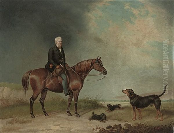 A Country Gentleman Seated On His Chestnut Hunter, With Dogs Below Oil Painting by Augustus S. Boult