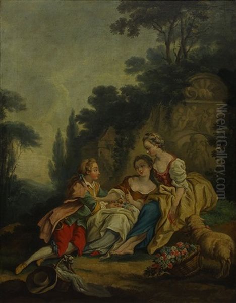 Garden Scene With Figures And Dog Oil Painting by John Boultbee